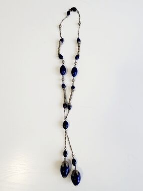 Elegant Long Navy Bead Drop Necklace - Women Jewelry